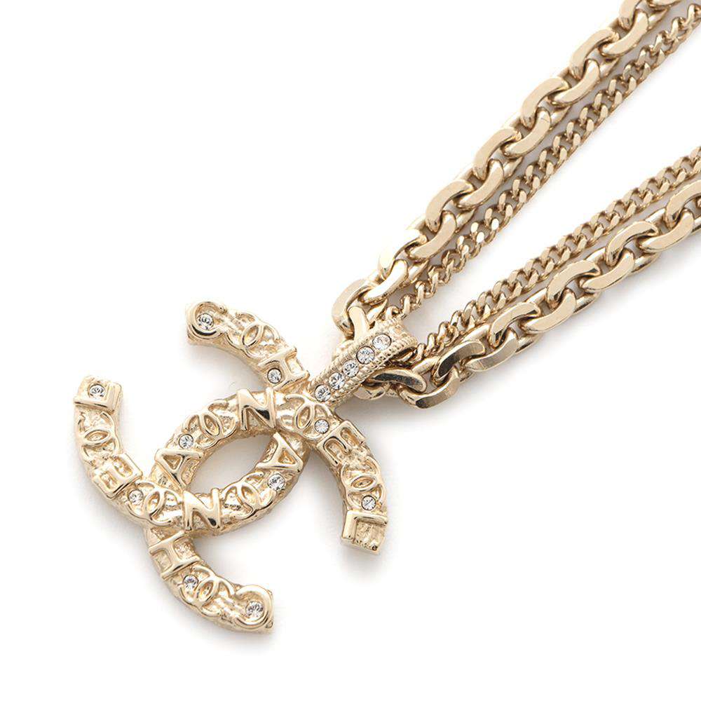 CHANEL CC Logo Necklace Champagne Gold Metal Rhinestone