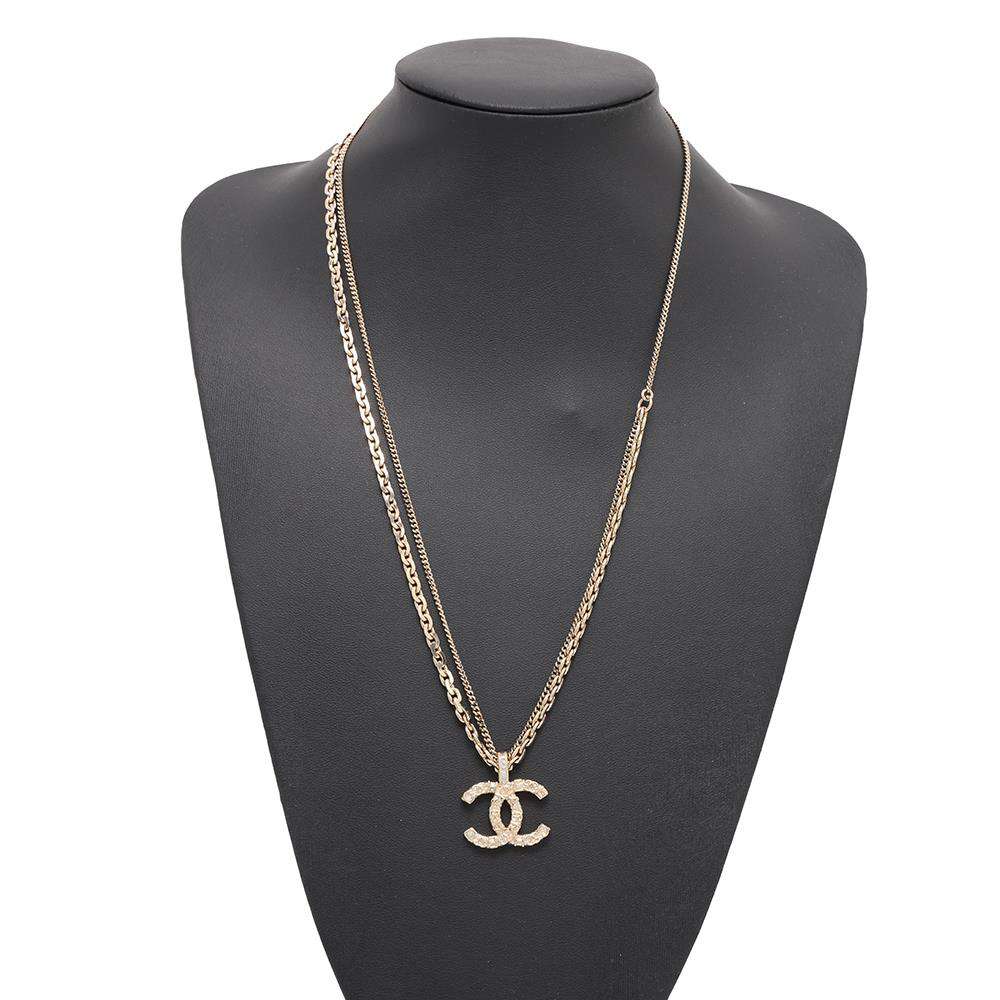 CHANEL CC Logo Necklace Champagne Gold Metal Rhinestone