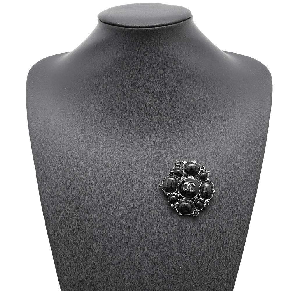 CHANEL CC Logo Brooch Black Metal  Rhinestone