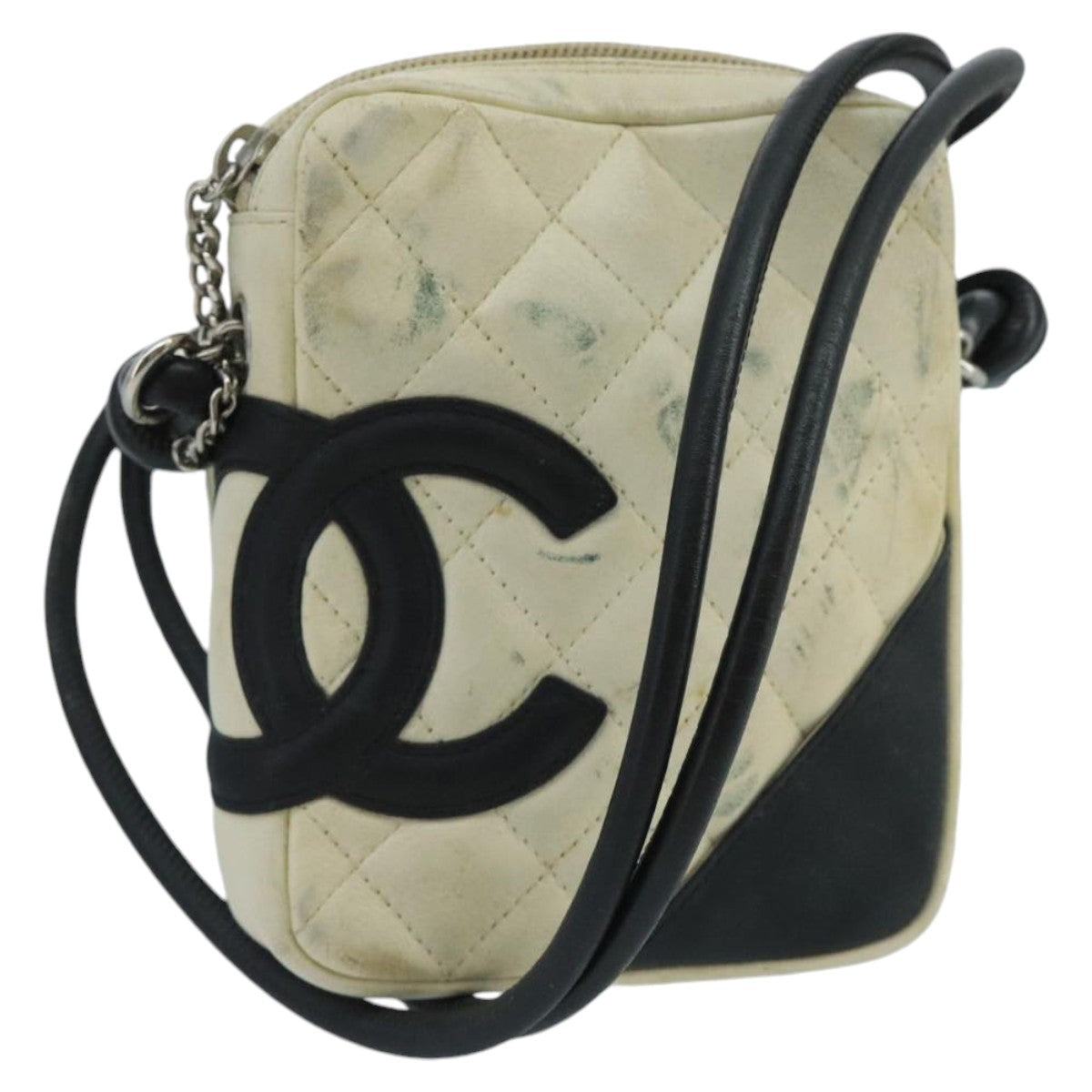 CHANEL Cambon Line Shoulder Bag Leather White Silver CC 100788