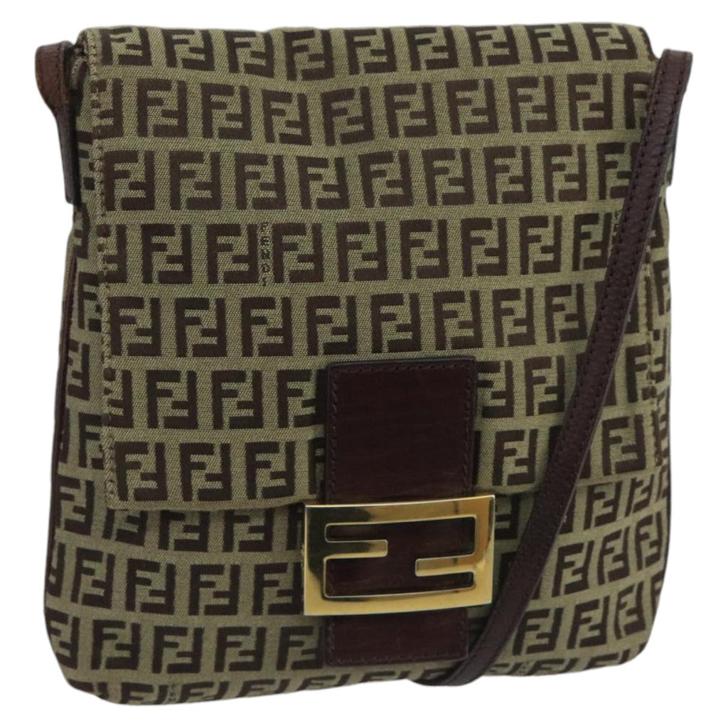 FENDI Zucchino Canvas Shoulder Bag Beige Gold 100792