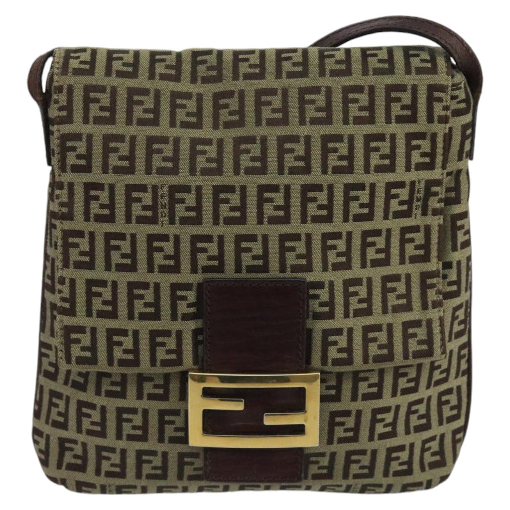 FENDI Zucchino Canvas Shoulder Bag Beige Gold 100792
