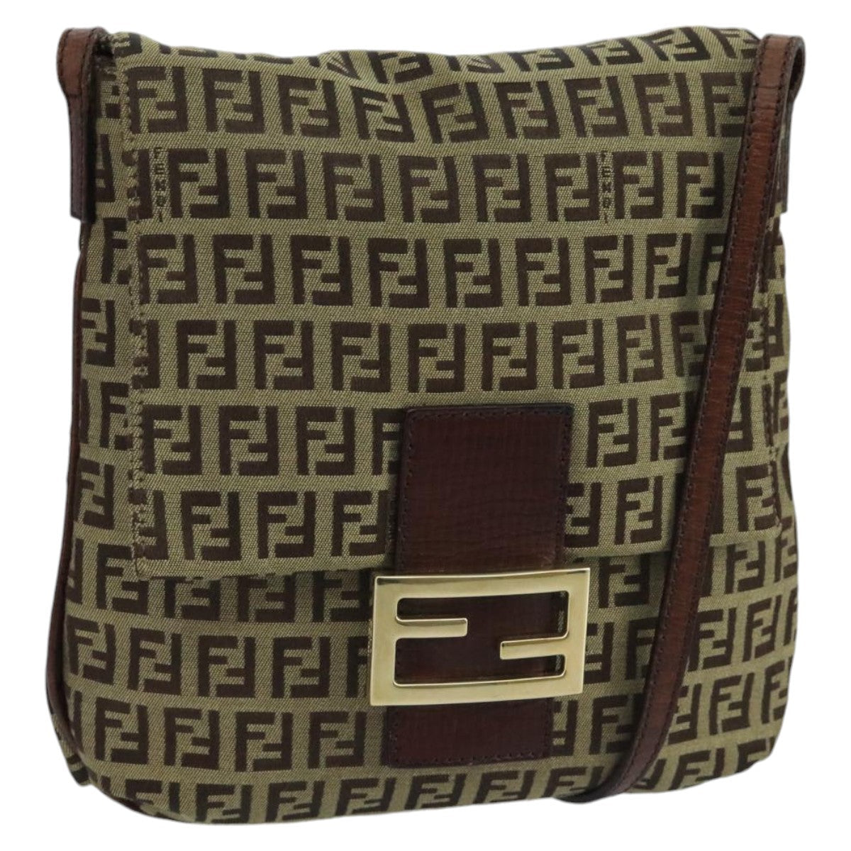 FENDI Zucchino Canvas Shoulder Bag Beige Gold 100793