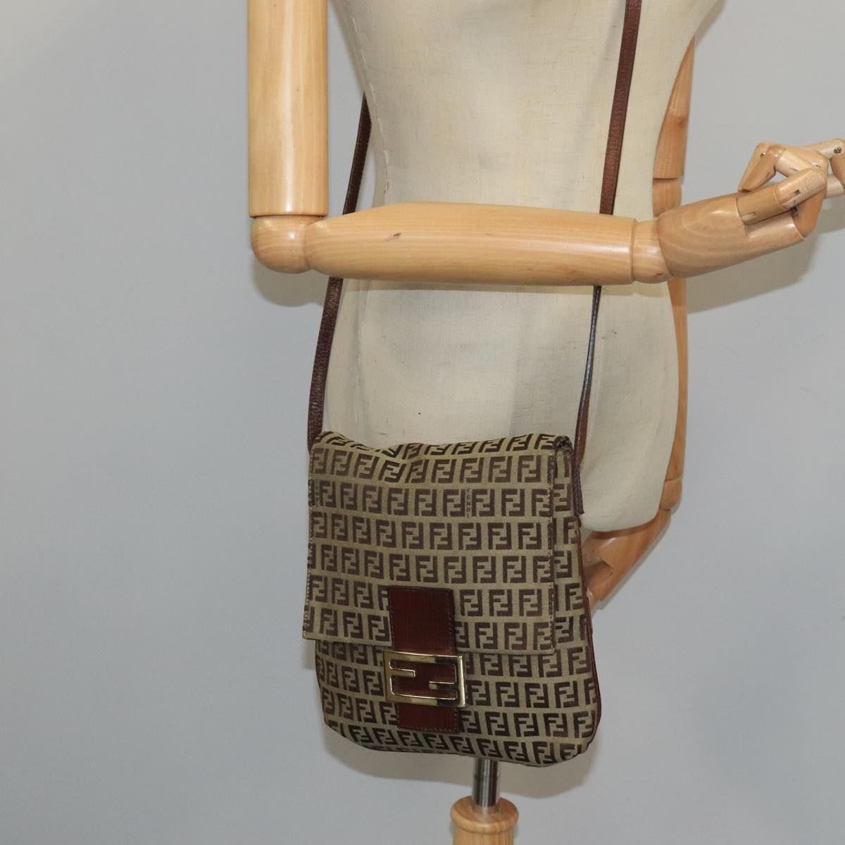 FENDI Zucchino Canvas Shoulder Bag Beige Gold 100793