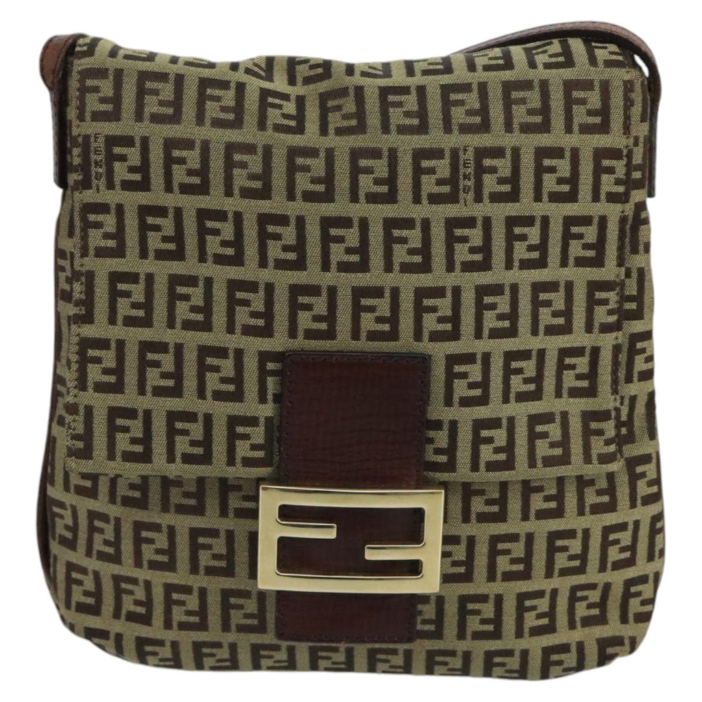 FENDI Zucchino Canvas Shoulder Bag Beige Gold 100793