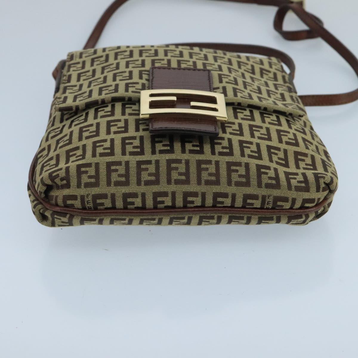 FENDI Zucchino Canvas Shoulder Bag Beige Gold 100793