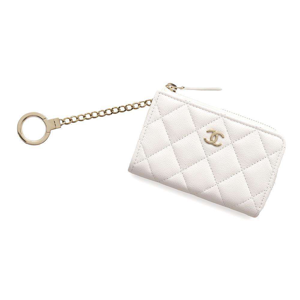 CHANEL Matelasse Zip Keychain WhiteAP0221 Caviar Leather
