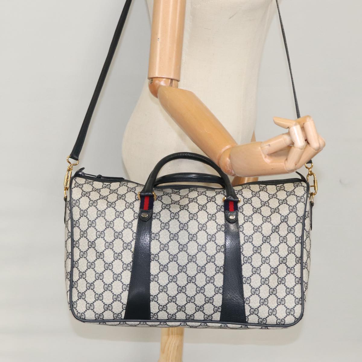 GUCCI GG Supreme Sherry Line Hand Bag PVC 2way Navy Red 39 02 041 100923