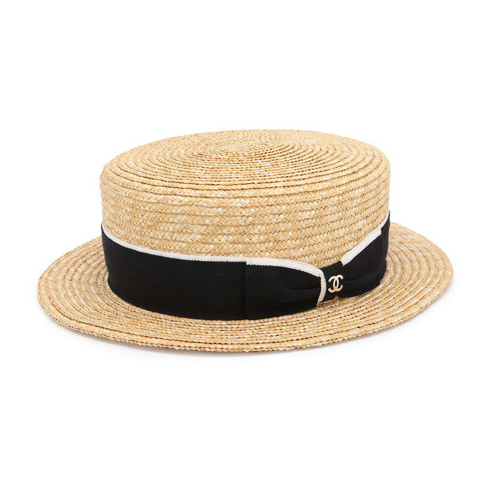 CHANEL CC Logo Ribbon Straw Hat Size M Beige/Black Raffia