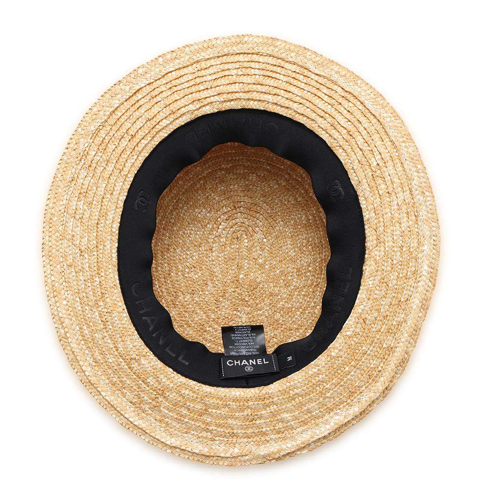 CHANEL CC Logo Ribbon Straw Hat Size M Beige/Black Raffia
