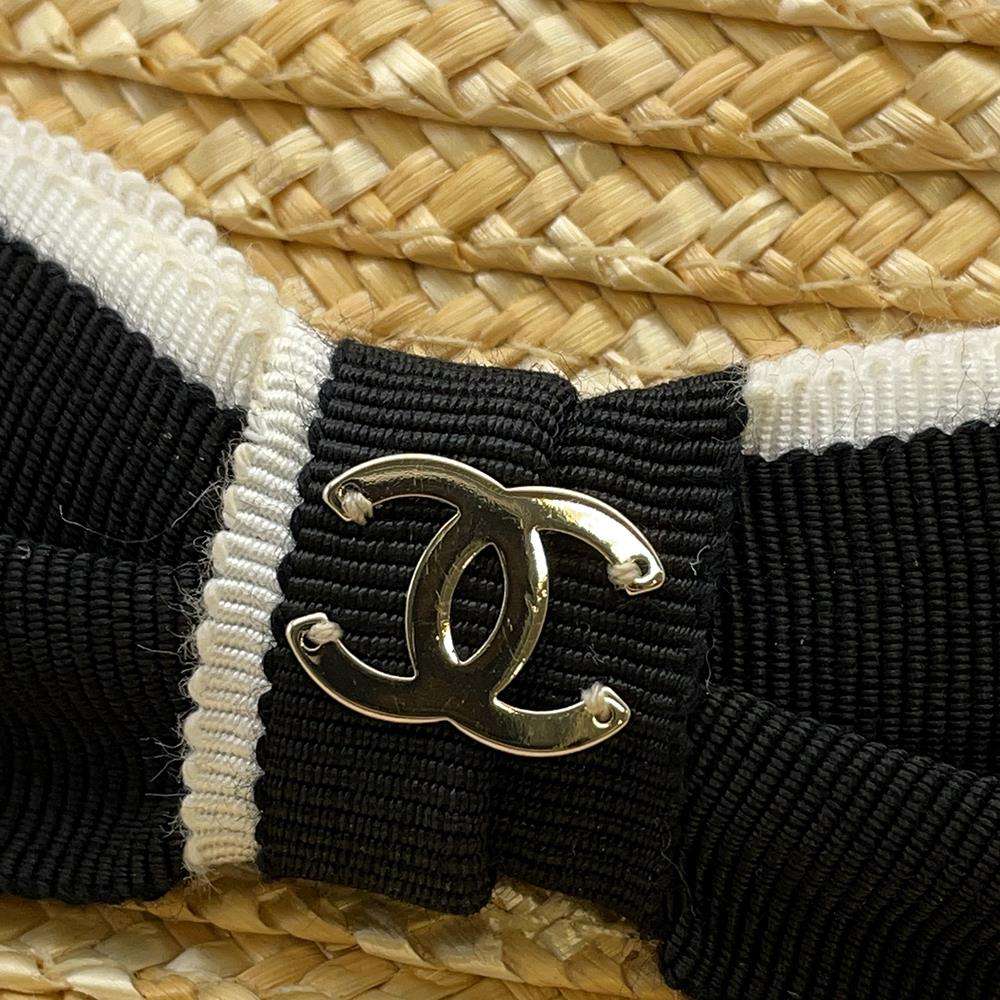 CHANEL CC Logo Ribbon Straw Hat Size M Beige/Black Raffia