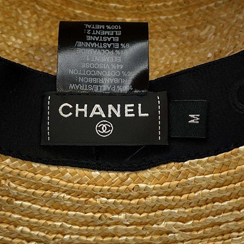 CHANEL CC Logo Ribbon Straw Hat Size M Beige/Black Raffia
