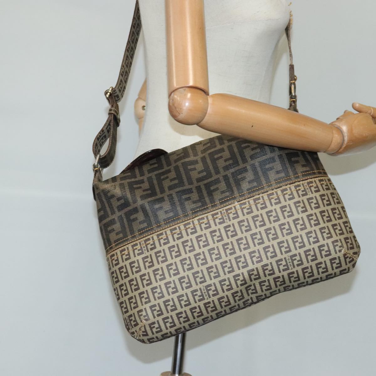 FENDI Zucca Canvas Zucchino Canvas Shoulder Bag Brown Black beige 101045