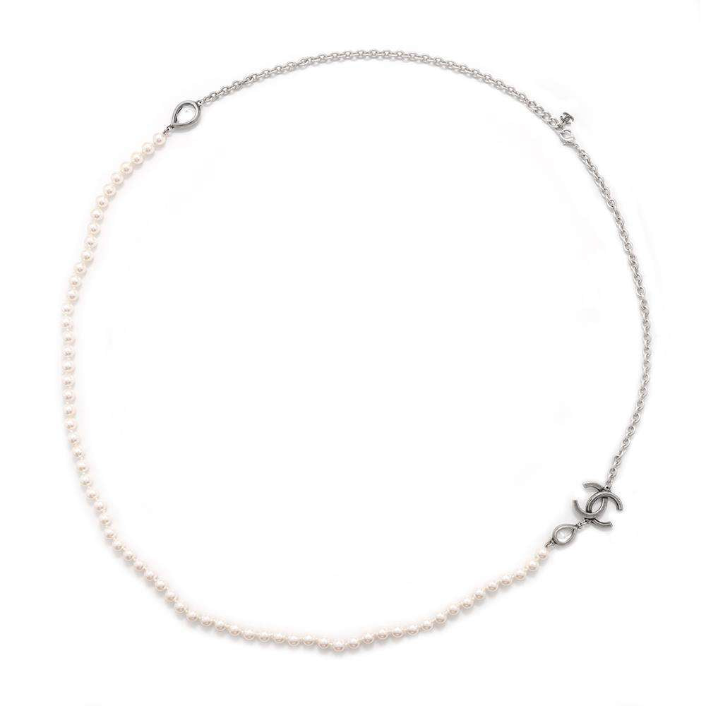 CHANEL Faux Pearl Teardrop Long Necklace Antique SilverABD851 Metal