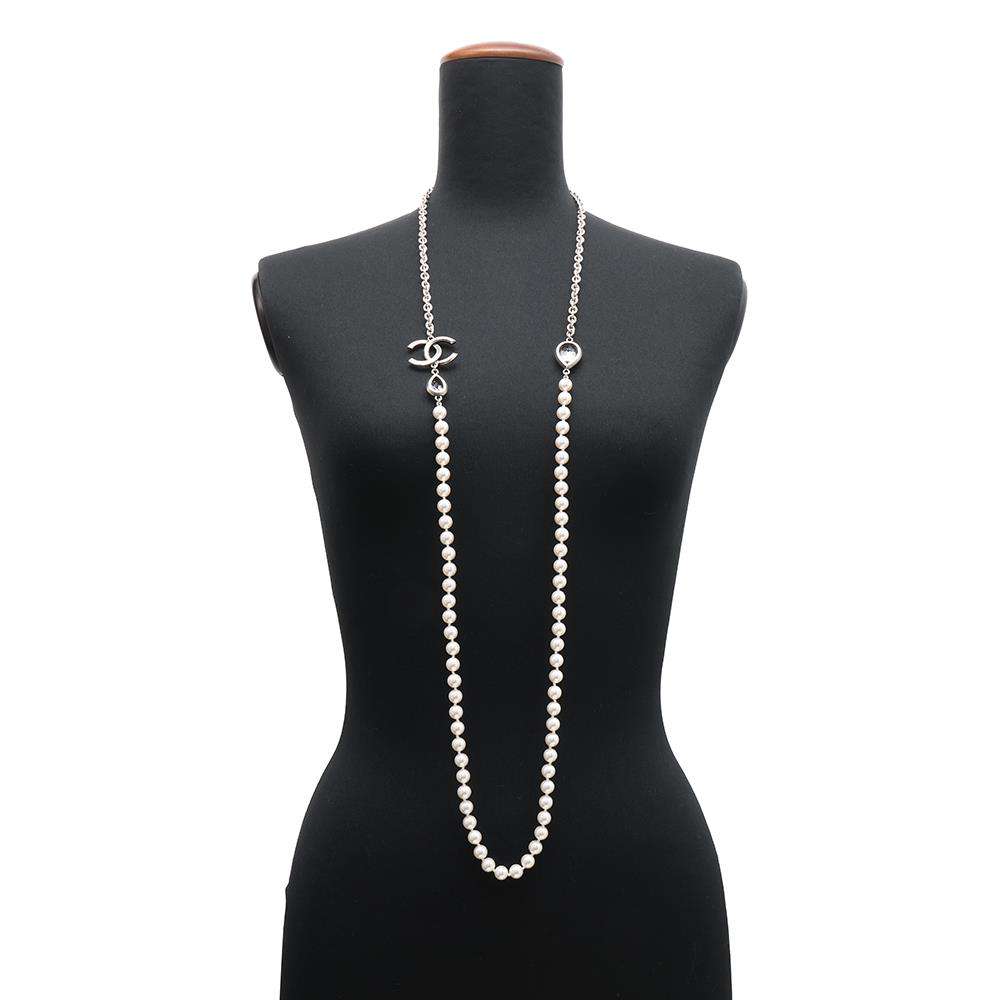 CHANEL Faux Pearl Teardrop Long Necklace Antique SilverABD851 Metal