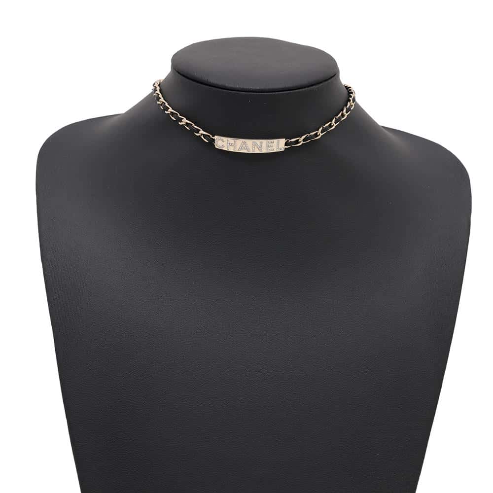 CHANEL Choker Crystal logo choker Black Metal  Rhinestone
