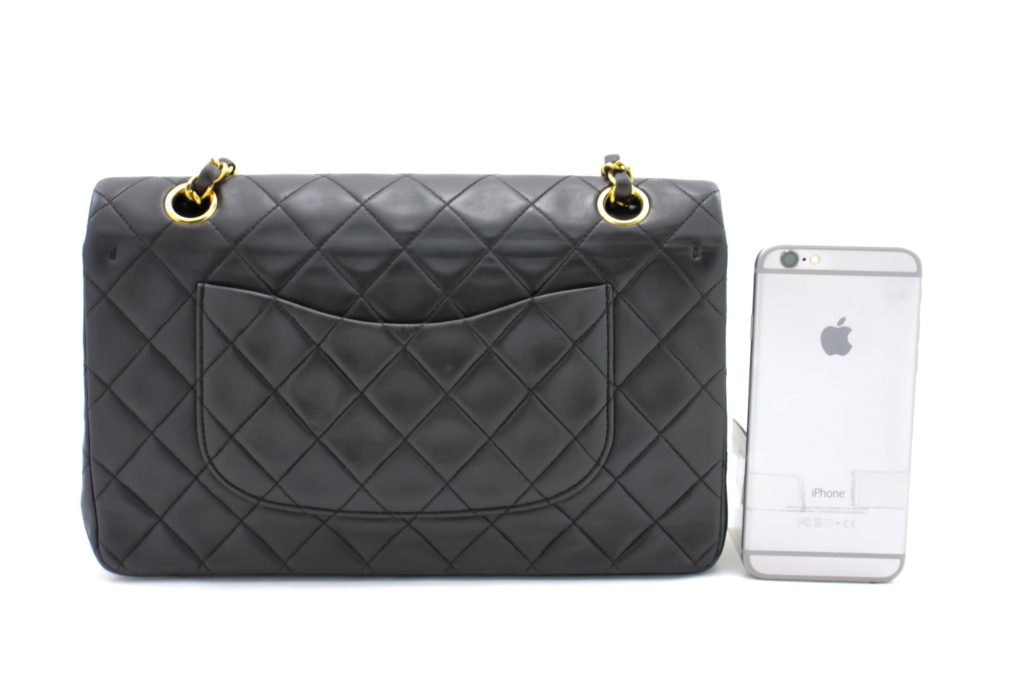 CHANEL Classic Double Flap 10" Chain Shoulder Bag Black Lambskin i68