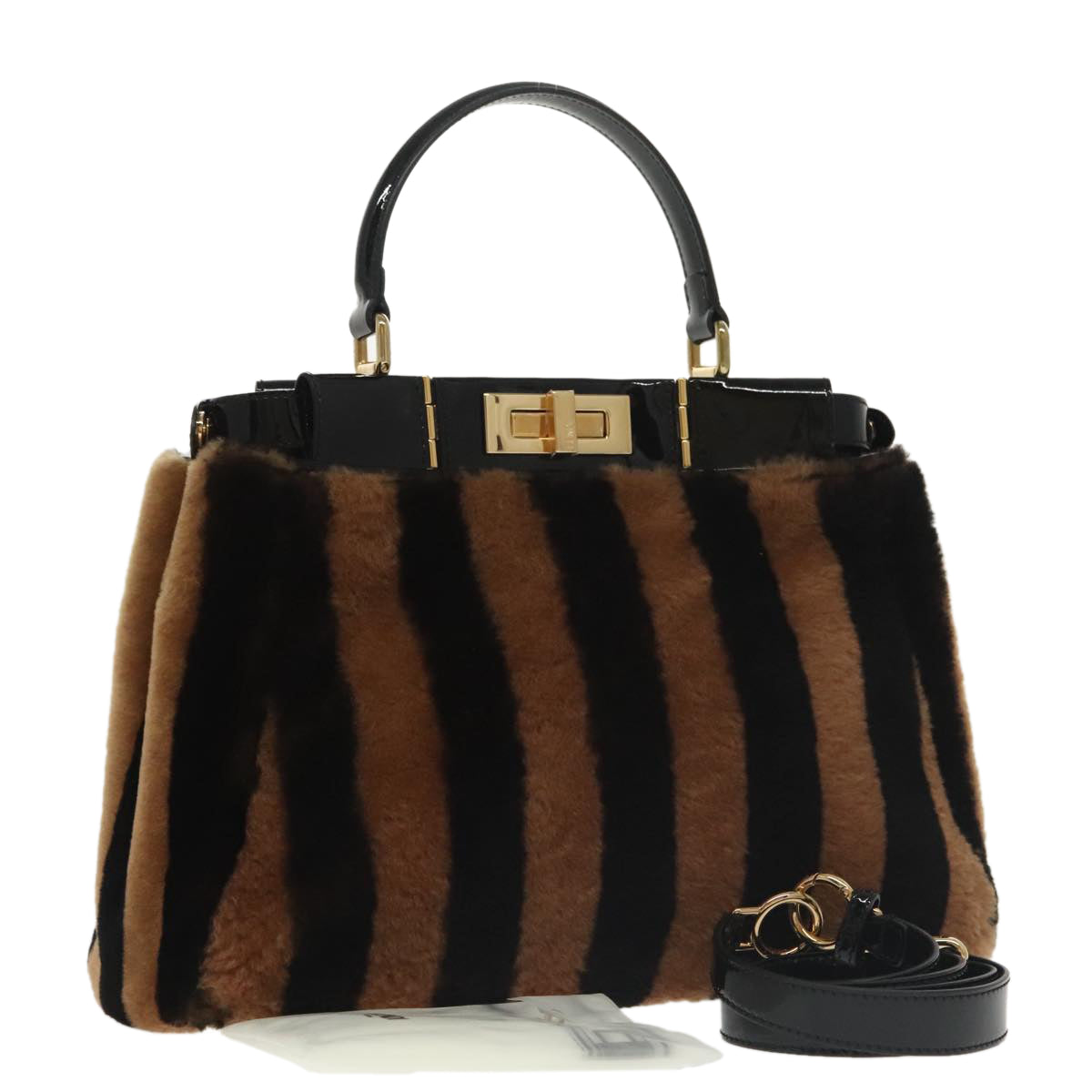 FENDI Pecan Peek A Boo Regular Hand Bag Mouton 2way Black Brown 101314S