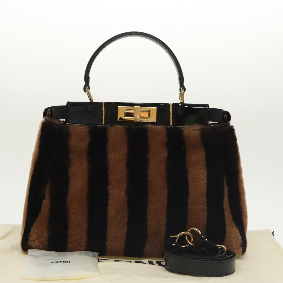 FENDI Pecan Peek A Boo Regular Hand Bag Mouton 2way Black Brown 101314S