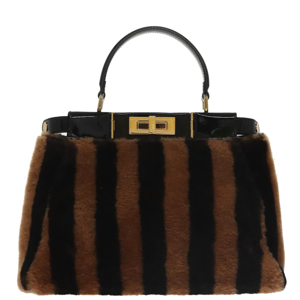FENDI Pecan Peek A Boo Regular Hand Bag Mouton 2way Black Brown 101314S