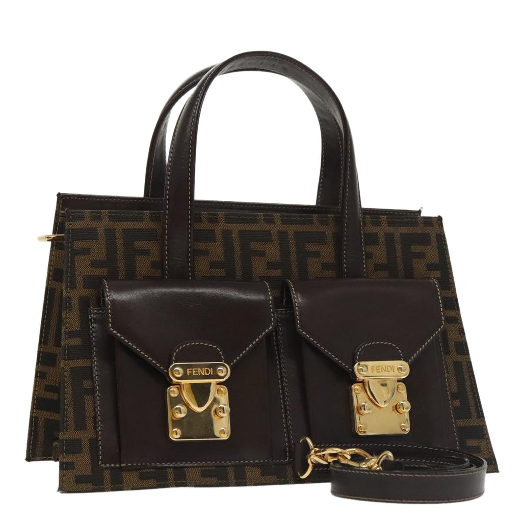 FENDI Zucca Canvas Hand Bag 2way Brown Black gold 101320SA