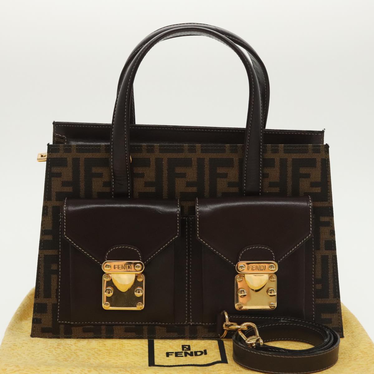 FENDI Zucca Canvas Hand Bag 2way Brown Black gold 101320SA