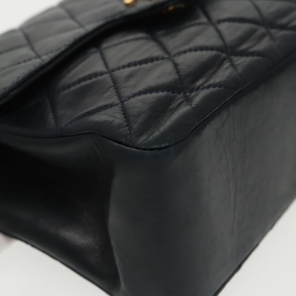 CHANEL Hand Bag Lamb Skin Navy Gold CC 101325A