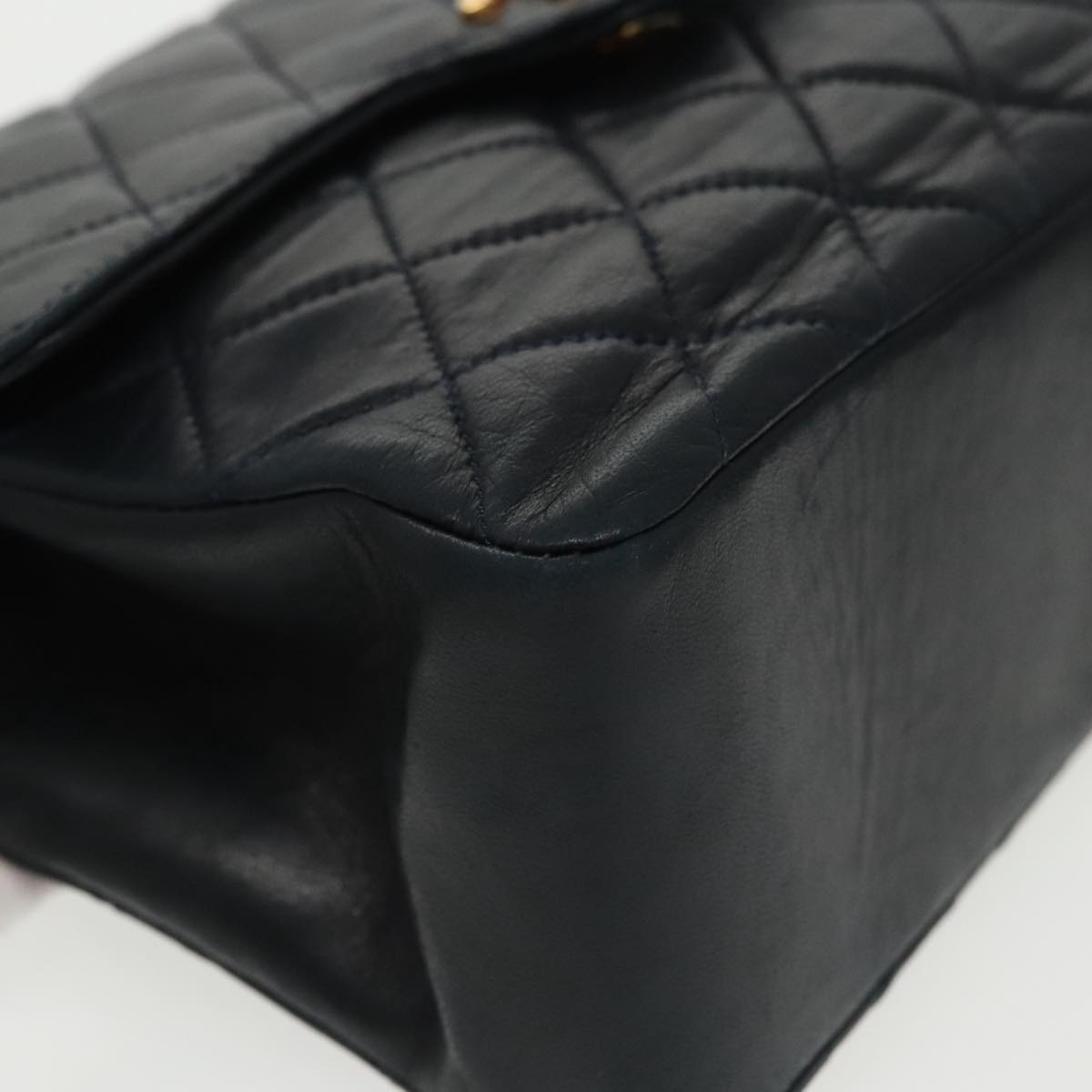 CHANEL Hand Bag Lamb Skin Navy Gold CC 101325A