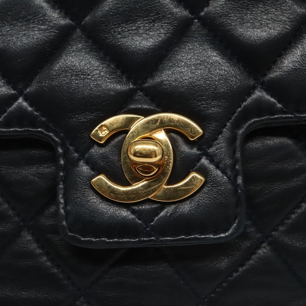 CHANEL Hand Bag Lamb Skin Navy Gold CC 101325A
