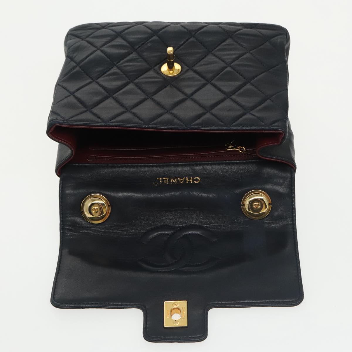 CHANEL Hand Bag Lamb Skin Navy Gold CC 101325A