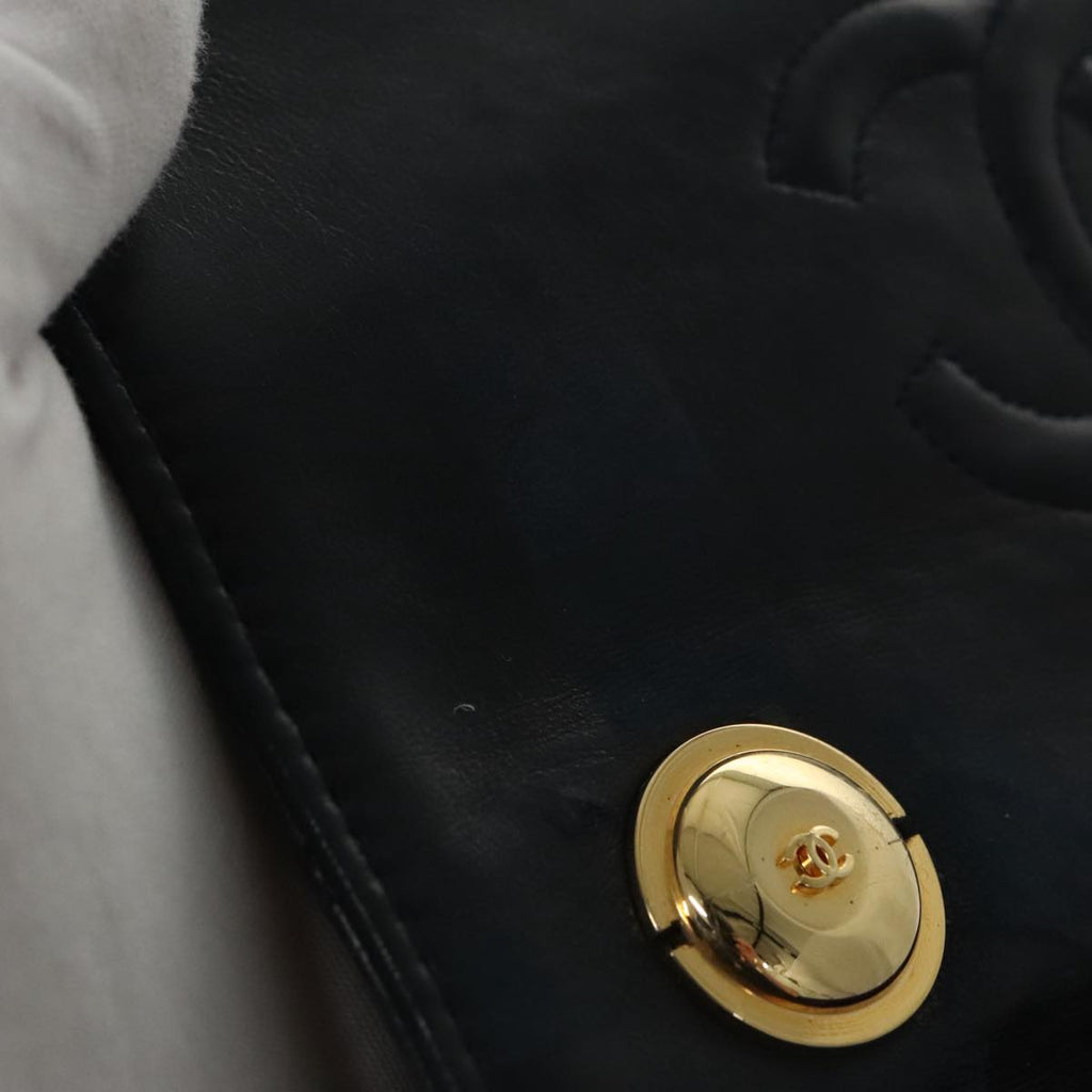 CHANEL Hand Bag Lamb Skin Navy Gold CC 101325A
