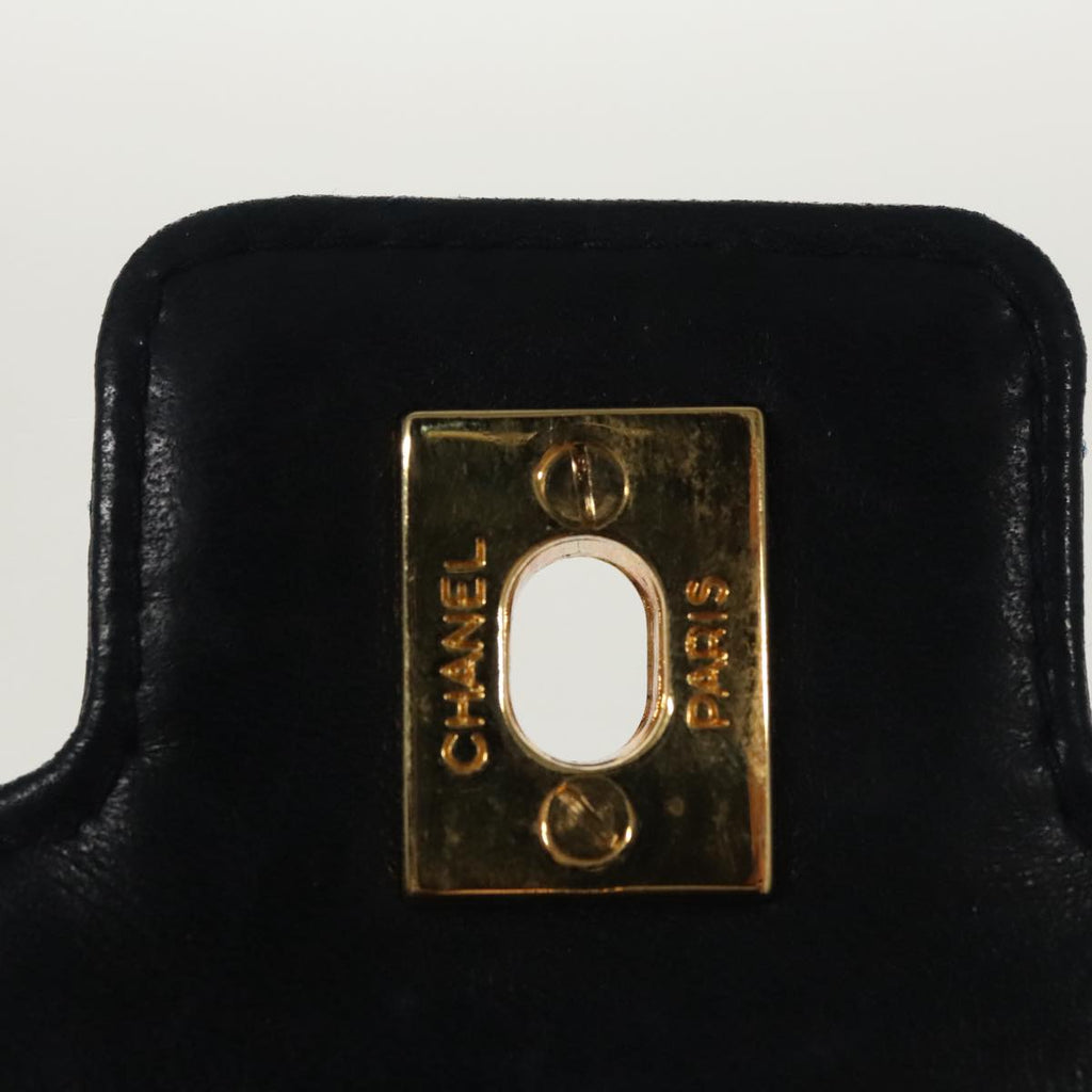 CHANEL Hand Bag Lamb Skin Navy Gold CC 101325A
