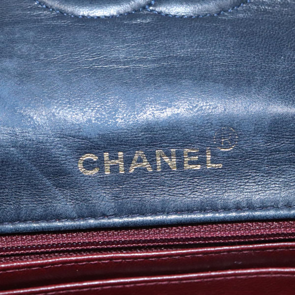 CHANEL Hand Bag Lamb Skin Navy Gold CC 101325A