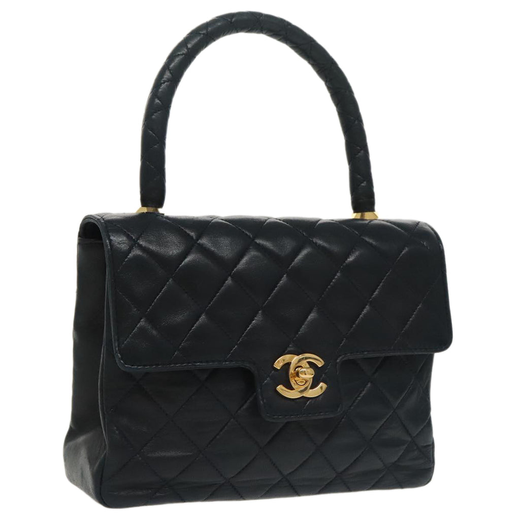 CHANEL Hand Bag Lamb Skin Navy Gold CC 101325A