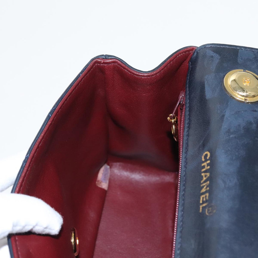 CHANEL Hand Bag Lamb Skin Navy Gold CC 101325A