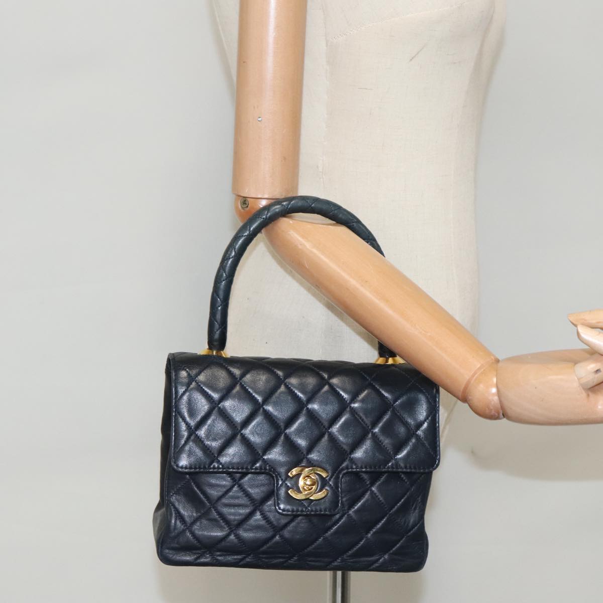 CHANEL Hand Bag Lamb Skin Navy Gold CC 101325A