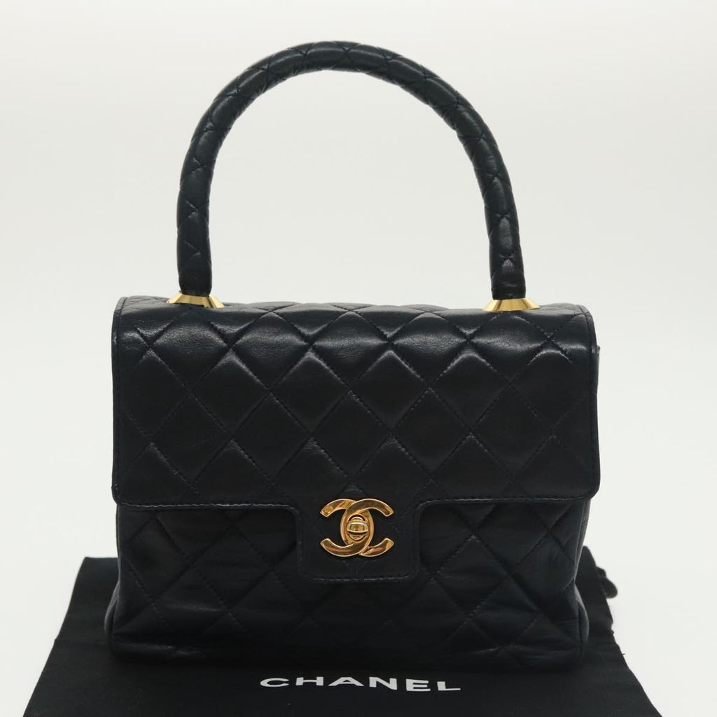 CHANEL Hand Bag Lamb Skin Navy Gold CC 101325A