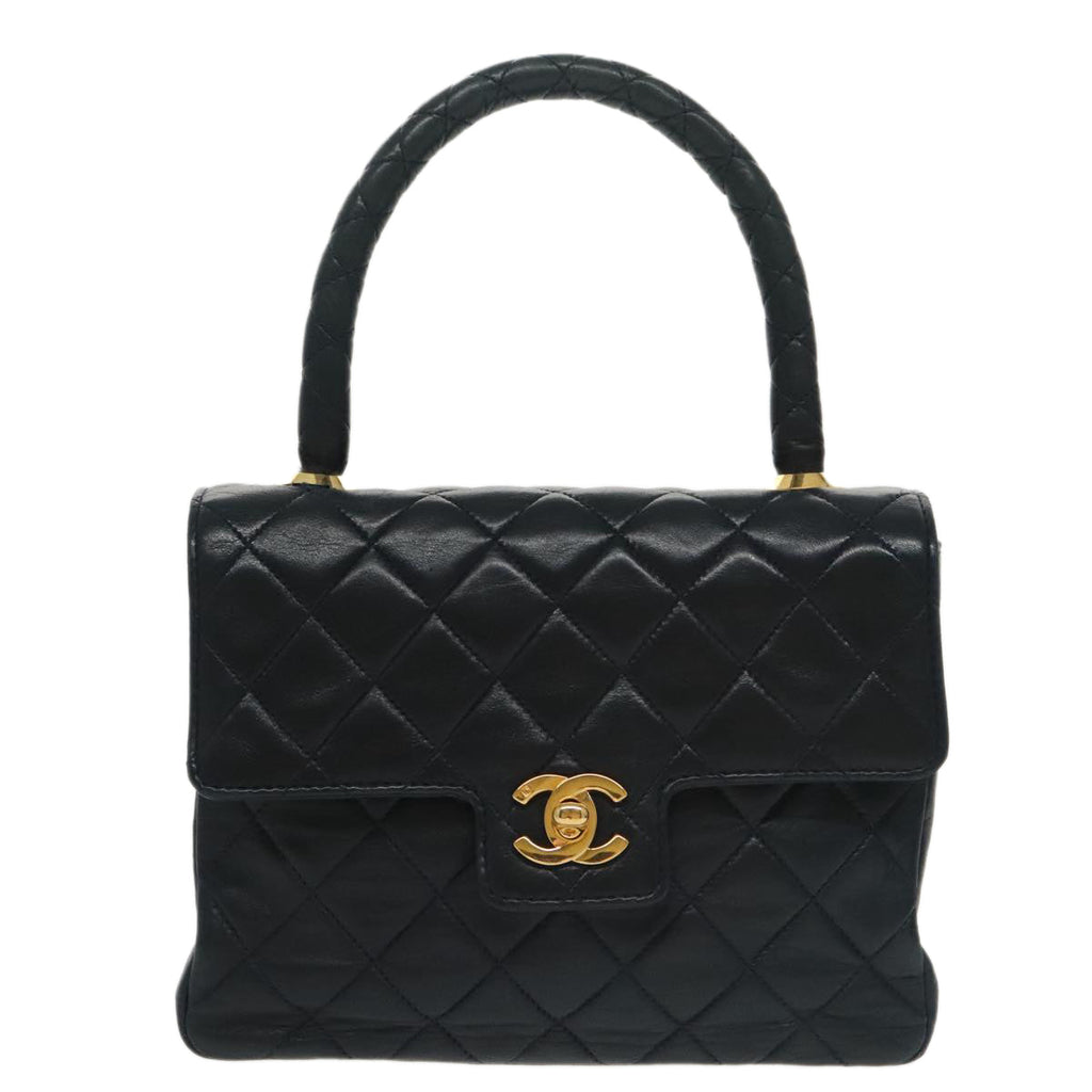 CHANEL Hand Bag Lamb Skin Navy Gold CC 101325A