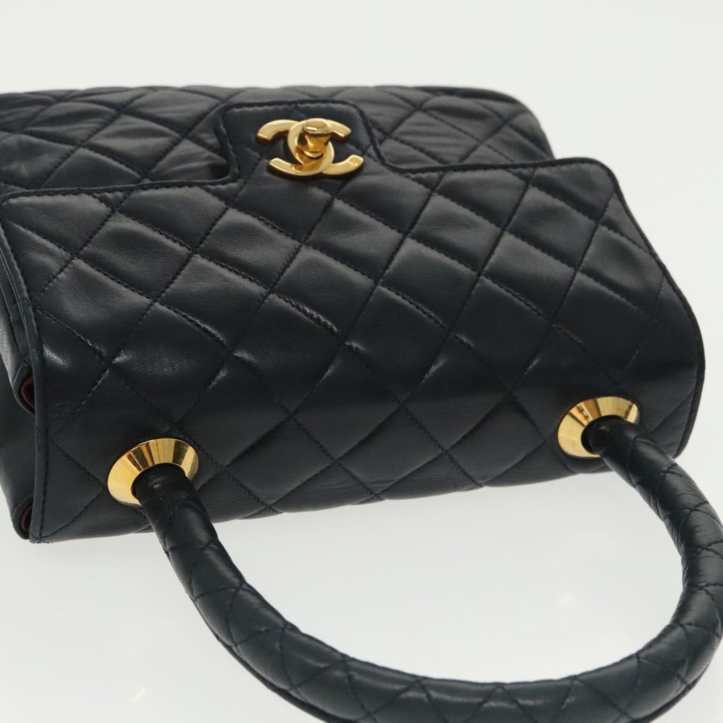 CHANEL Hand Bag Lamb Skin Navy Gold CC 101325A