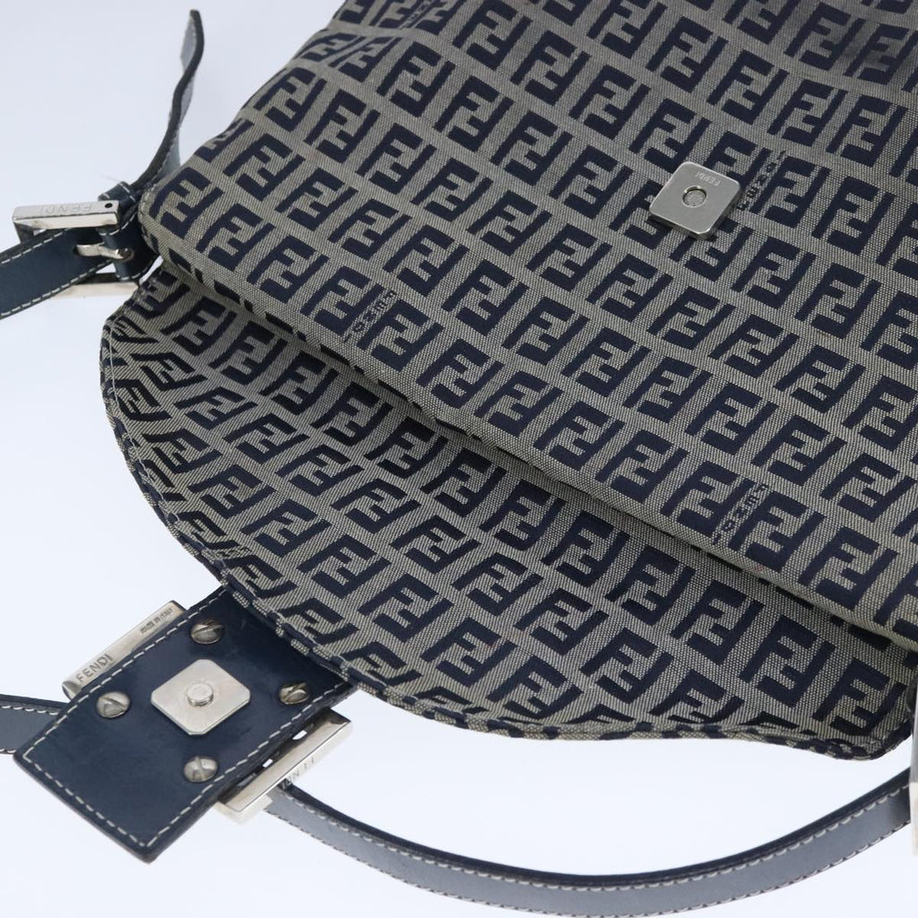 FENDI Zucchino Canvas Mamma Baguette Shoulder Bag Navy Silver 101401