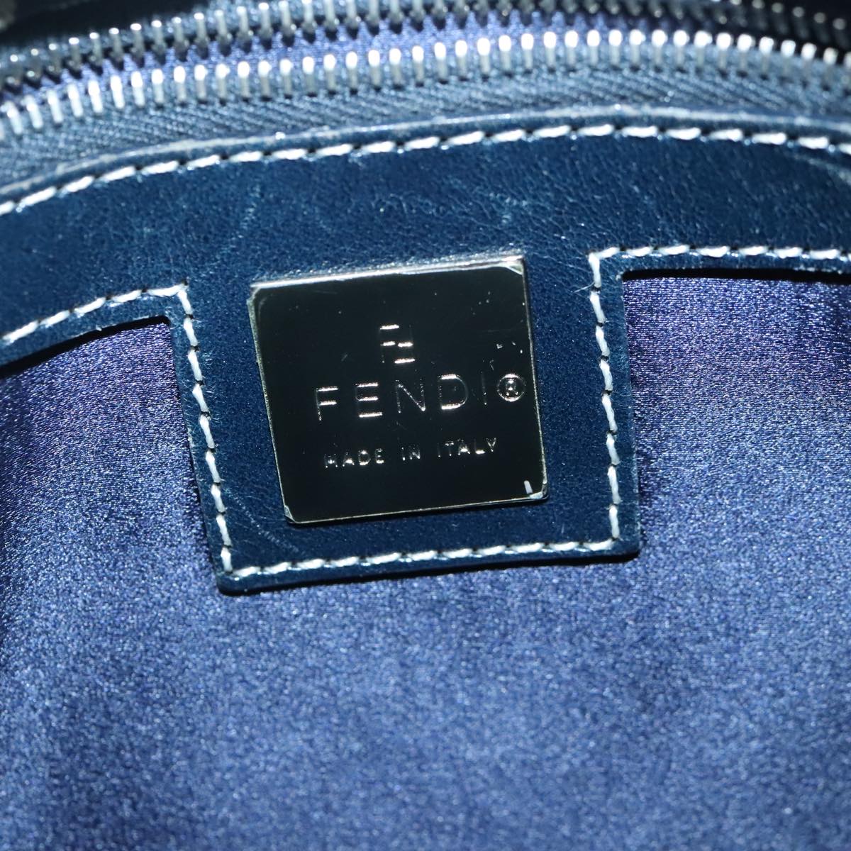 FENDI Zucchino Canvas Mamma Baguette Shoulder Bag Navy Silver 101401