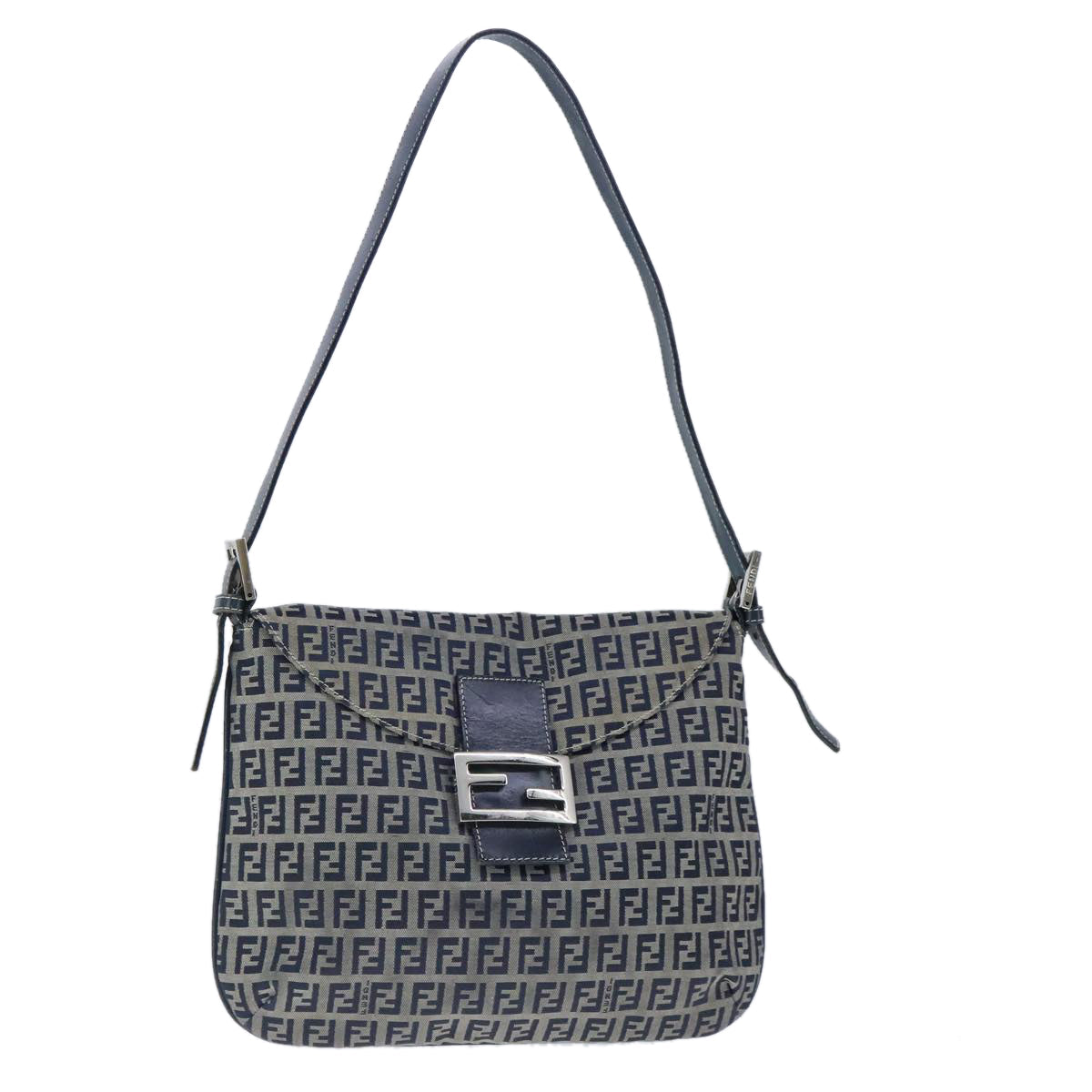FENDI Zucchino Canvas Mamma Baguette Shoulder Bag Navy Silver 101401