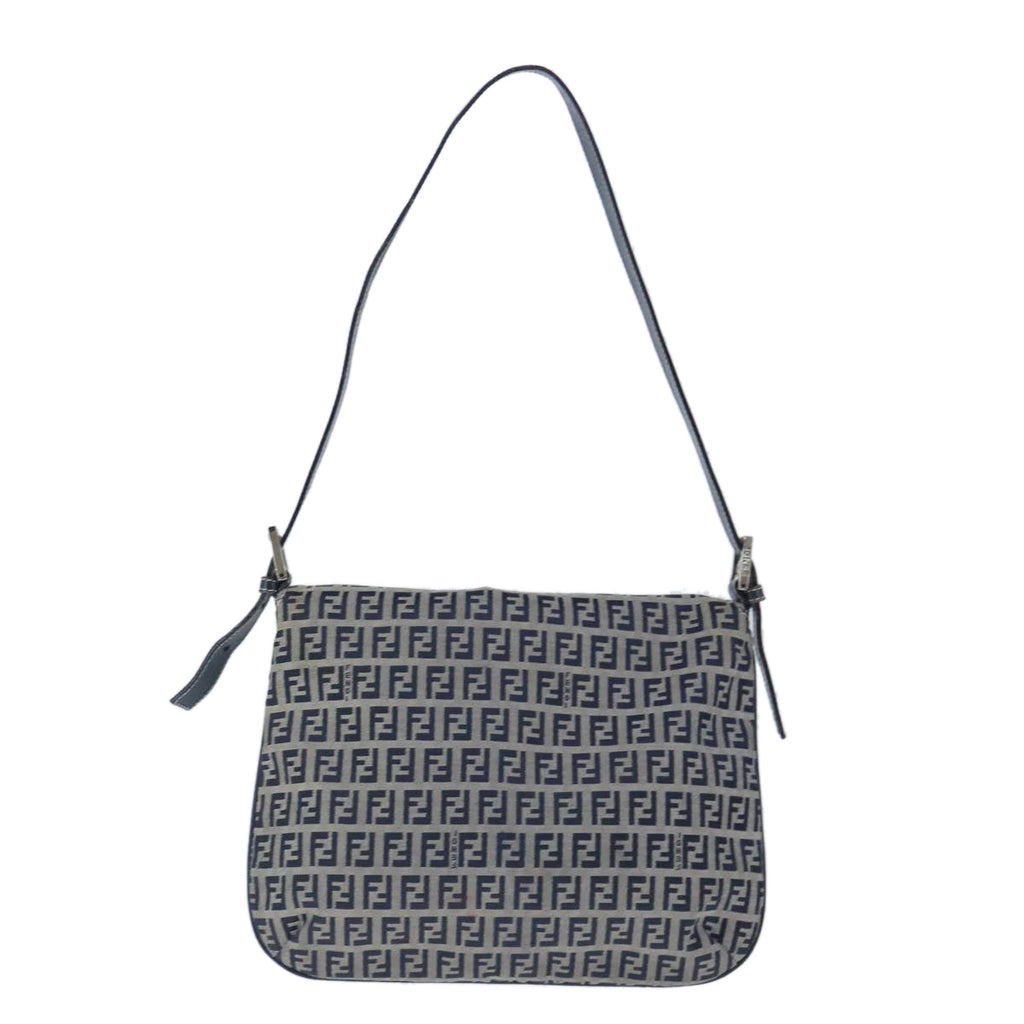 FENDI Zucchino Canvas Mamma Baguette Shoulder Bag Navy Silver 101401
