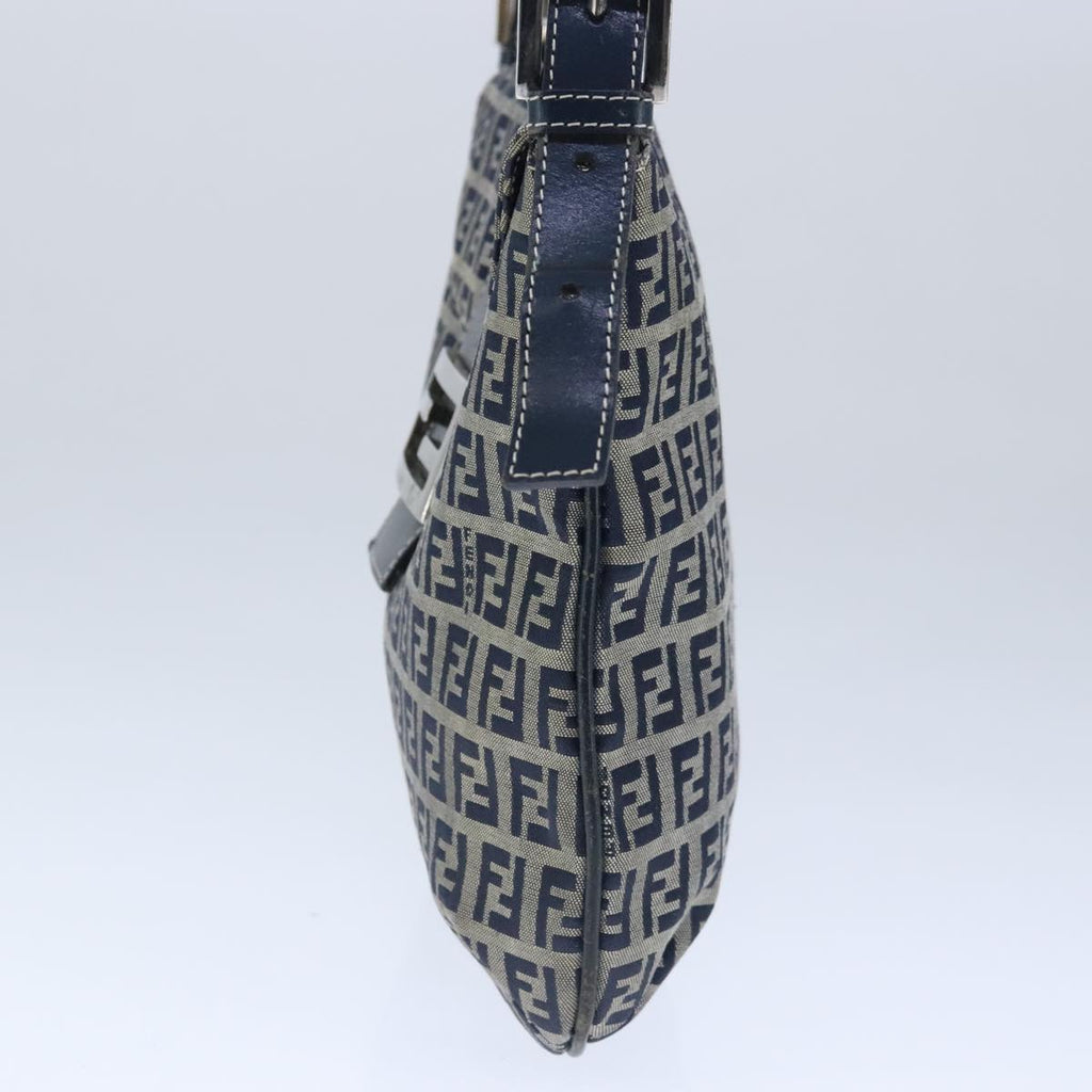 FENDI Zucchino Canvas Mamma Baguette Shoulder Bag Navy Silver 101401