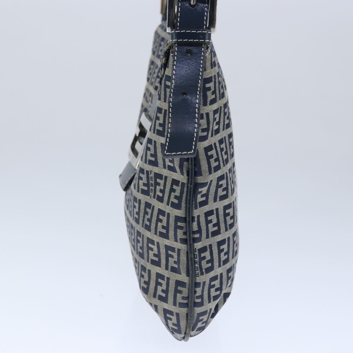 FENDI Zucchino Canvas Mamma Baguette Shoulder Bag Navy Silver 101401