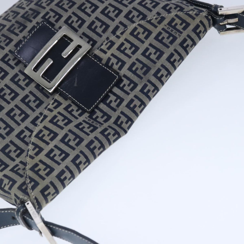 FENDI Zucchino Canvas Mamma Baguette Shoulder Bag Navy Silver 101401