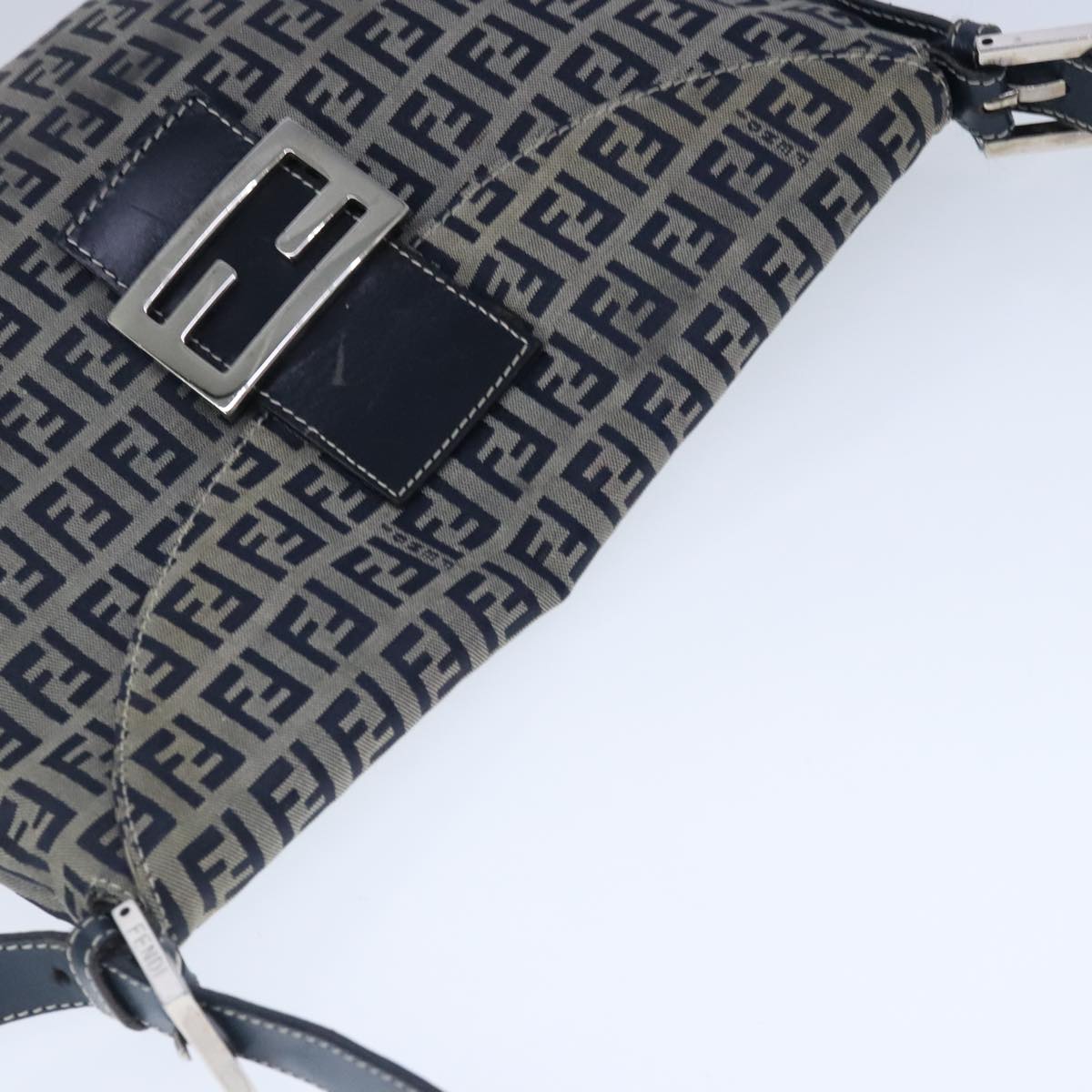 FENDI Zucchino Canvas Mamma Baguette Shoulder Bag Navy Silver 101401