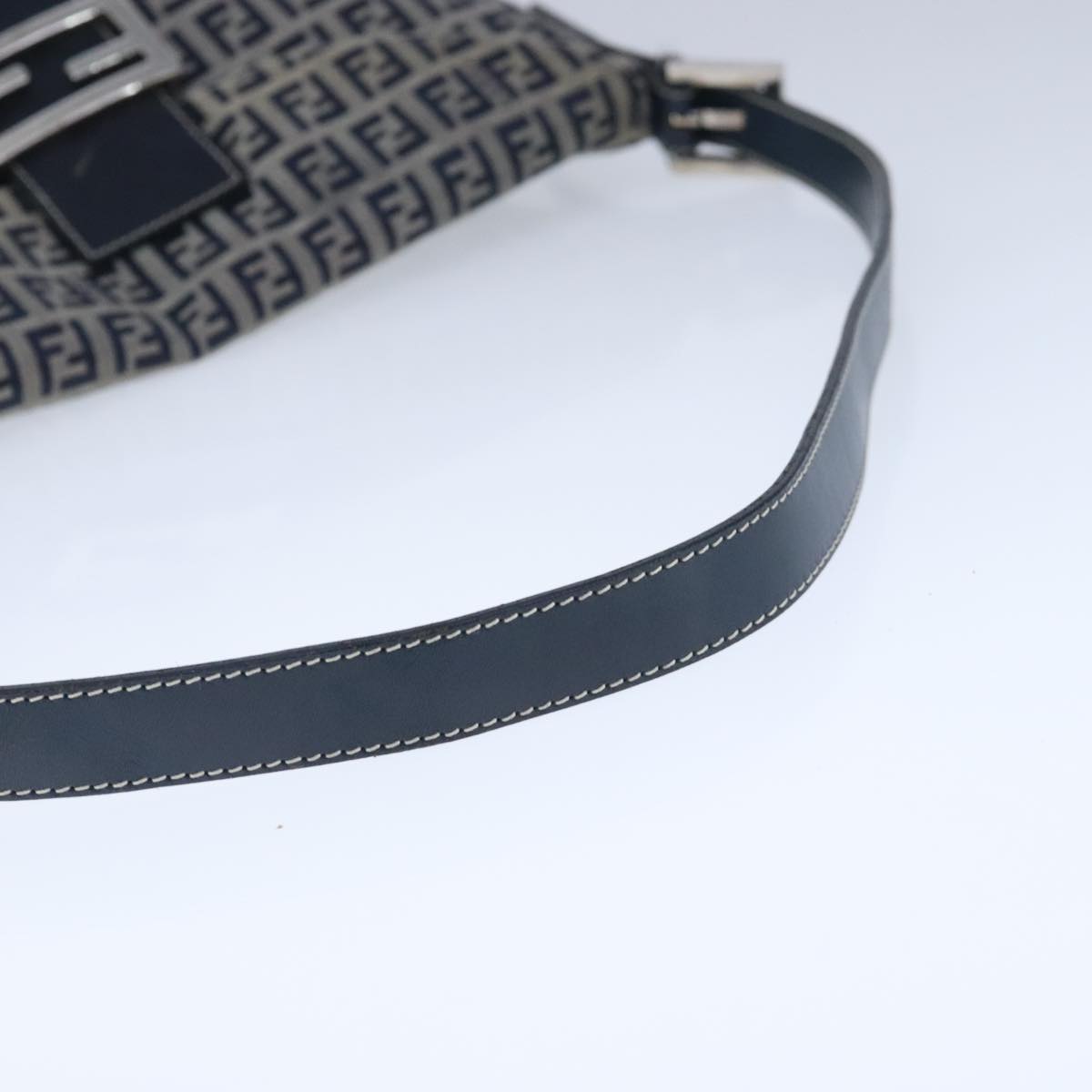 FENDI Zucchino Canvas Mamma Baguette Shoulder Bag Navy Silver 101401