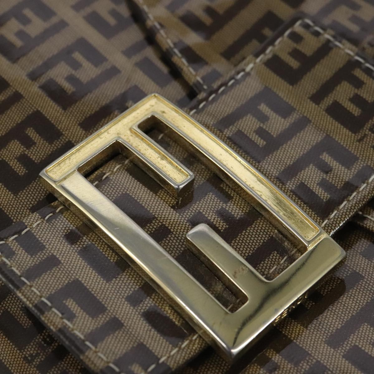 FENDI Zucchino Canvas Mamma Baguette Shoulder Bag Enamel Brown Gold 101410