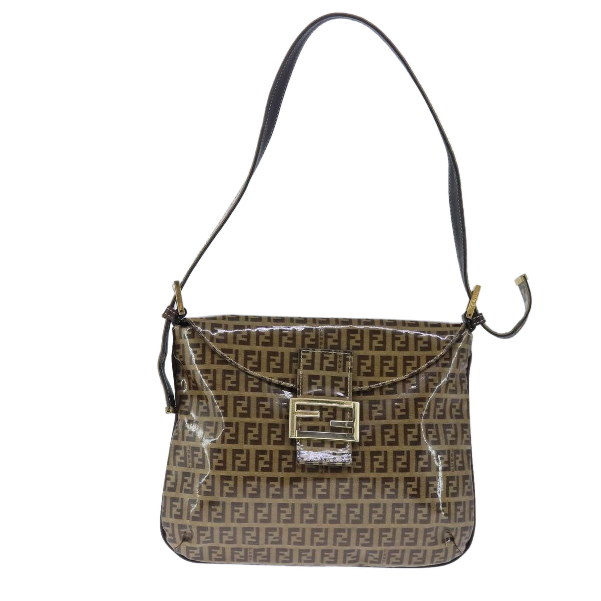 FENDI Zucchino Canvas Mamma Baguette Shoulder Bag Enamel Brown Gold 101410
